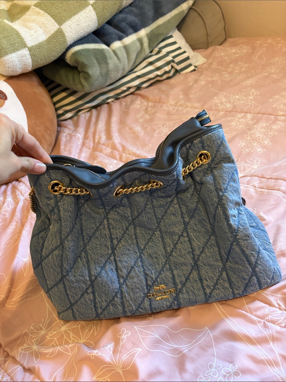 Coach Evelyn Shoulder Bag - Light Blue Denim with Gold Hardware - Picture 3 of 10